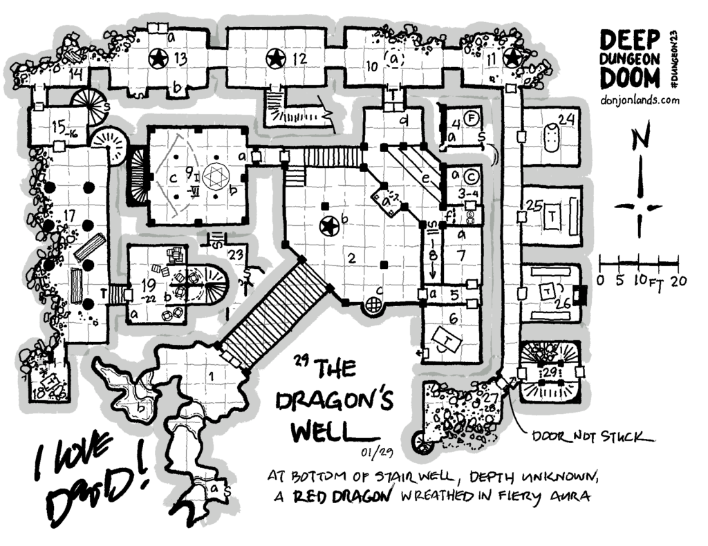 The Dragon’s Well, a dungeon map featuring room 29. Door not stuck. At bottom of stair well, depth unknown, a red dragon wreathed in fiery aura. I love D&D!