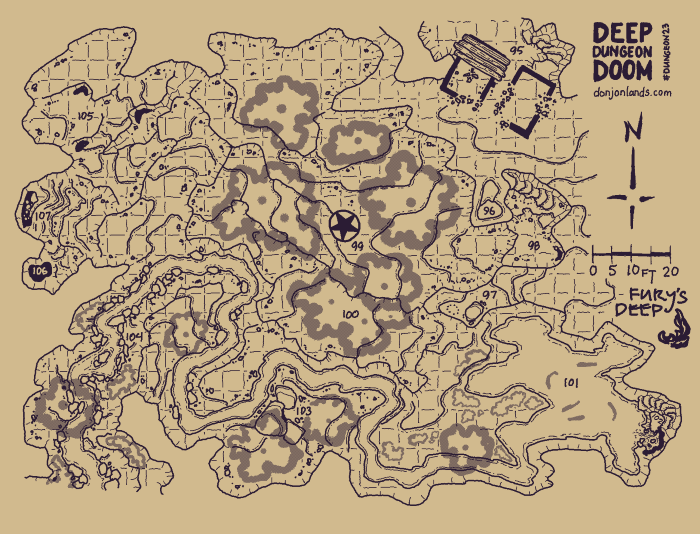 Hand-drawn dungeon map, showing Fury’s Deep, areas 95 through 107 of Deep Dungeon Deep.