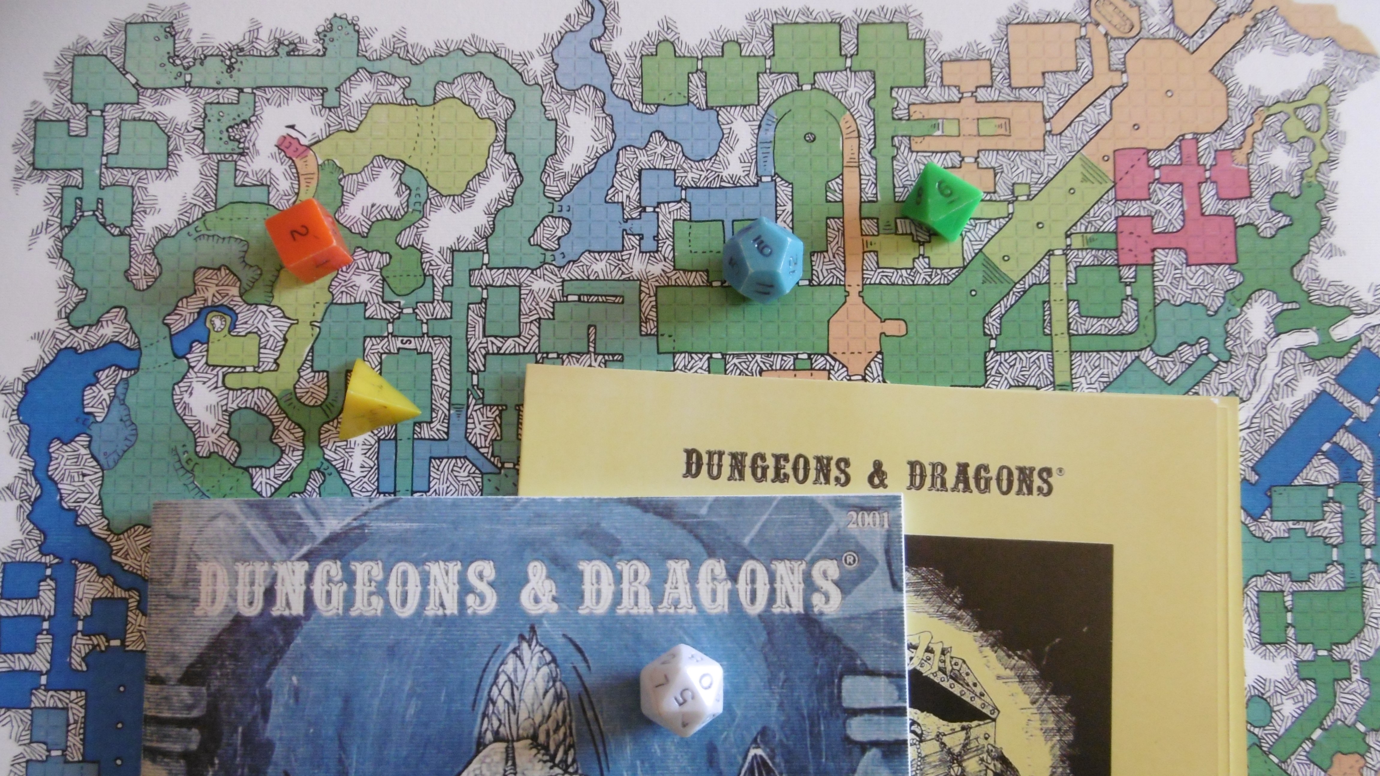 Holmes Basic  Monster and Treasure Assortment  Dice  and The Deep Halls Map by Dyson Logos