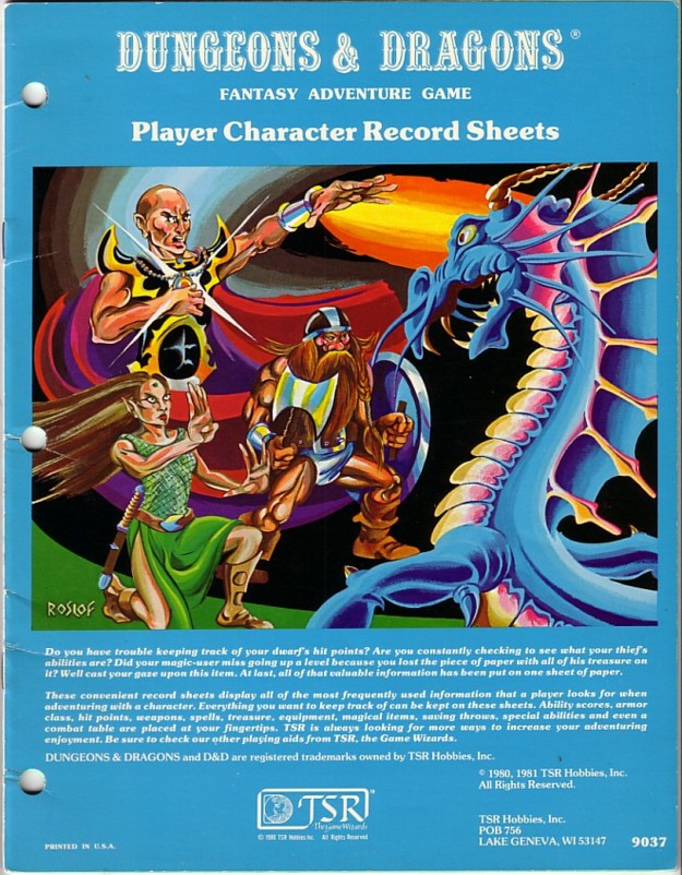 Cover Player Character Record Sheets 1980